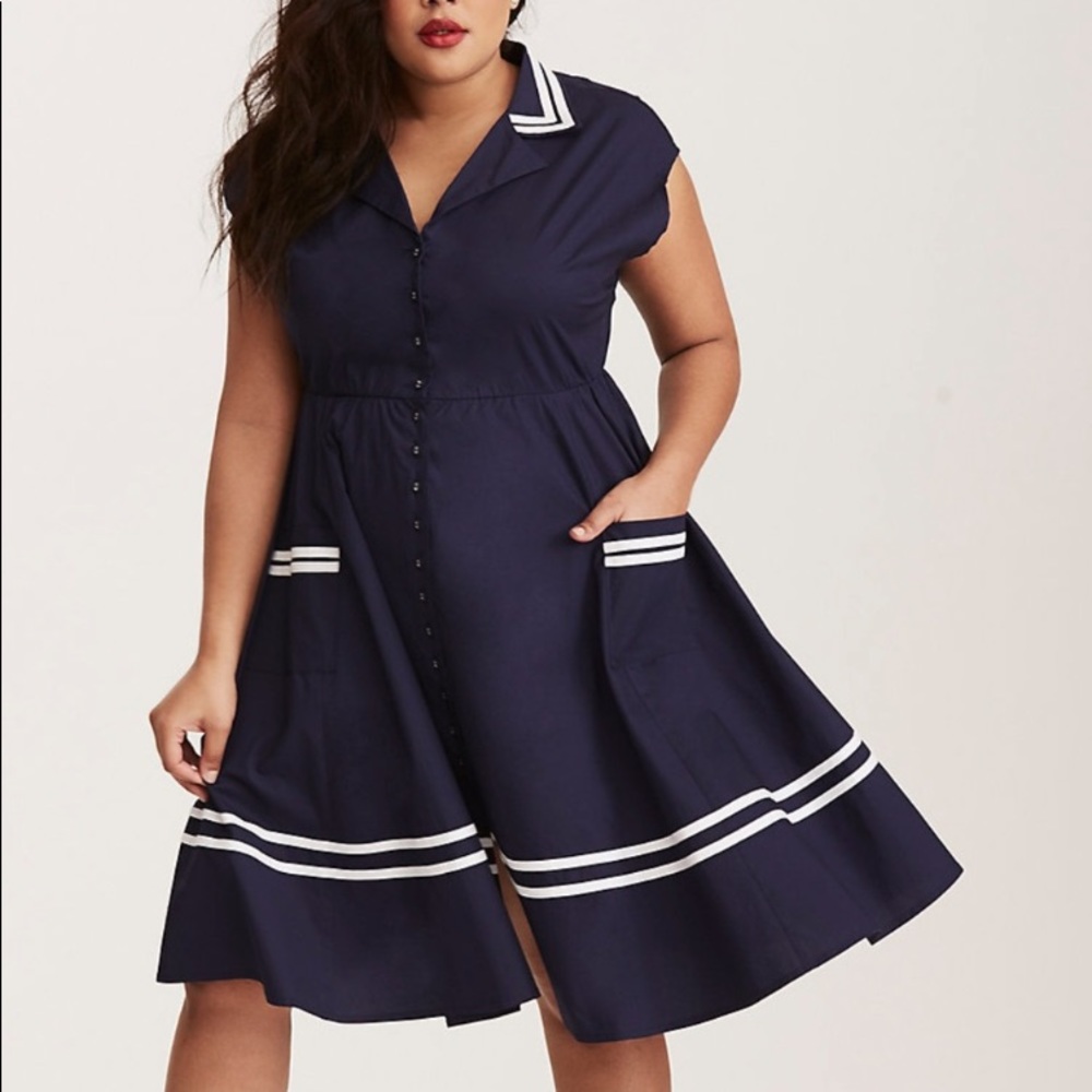 torrid Navy Sailor-Trim Button Front Midi Dress